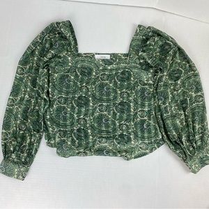 Lucca Square Neck Green Print Blouson Long Slv Top XS NWOT